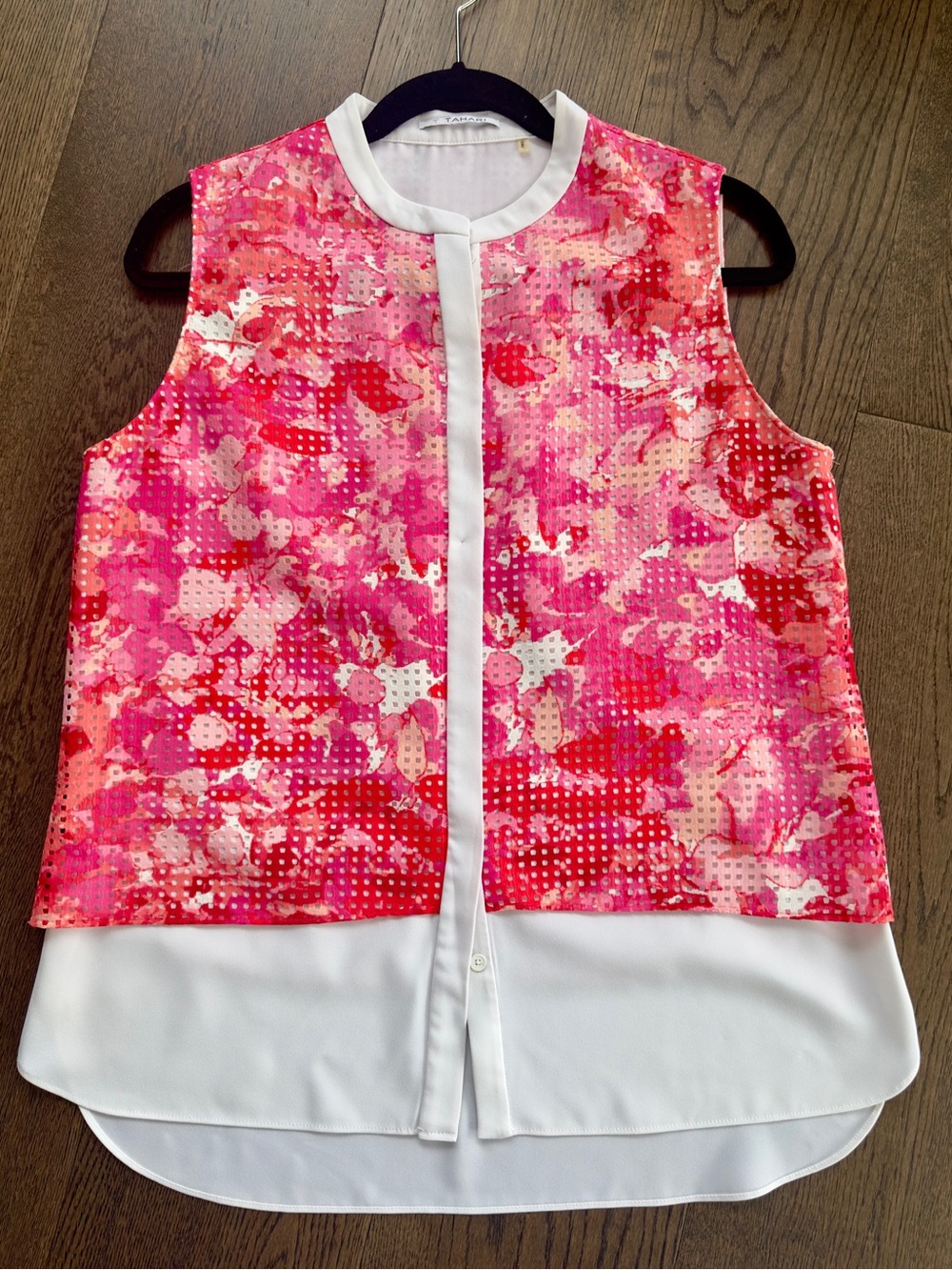 T Tahari Pink Floral Print Layered Sleeveless Top with White Trim